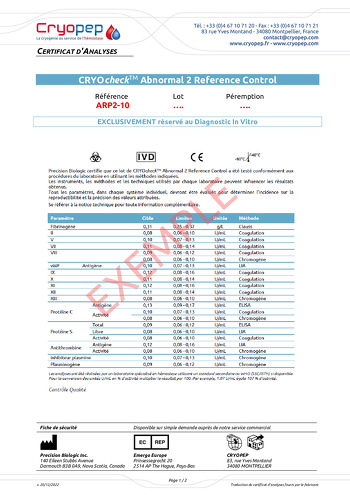 Certificat d'analyses CRYOcheck™ Abnormal 2 Reference Control